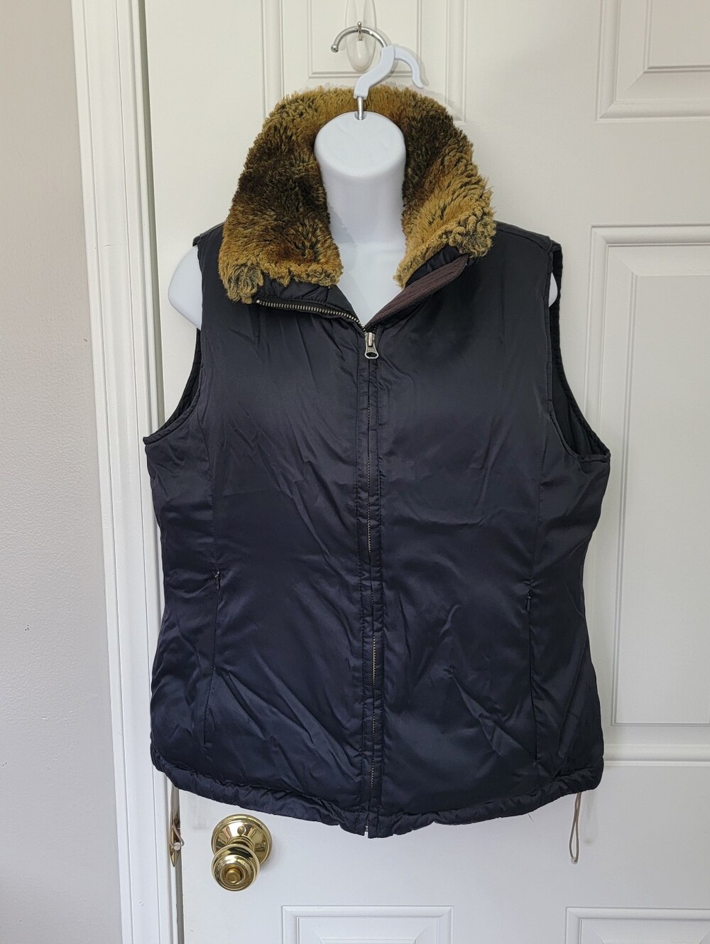 Lands' End Down Feather Winter Black Vest Women's Small Faux Fur EUC Outdoor